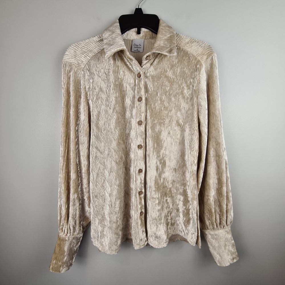 Cozy Co by Champagne Textured Plisse Button Down Blouse Small Womens Long Sleeve